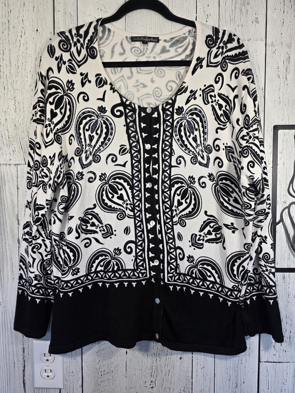 Pierri New York Black & Ivory Embellished Paisley Cardigan Size 1X